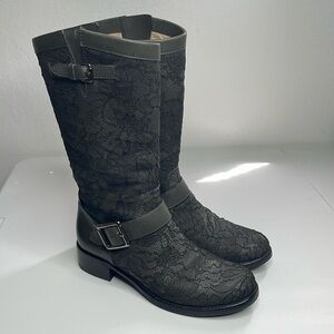 Valentino Moto Boots Dark Gray Floral Lace Over Leather Buckle Strap 38.5 US 8.5
